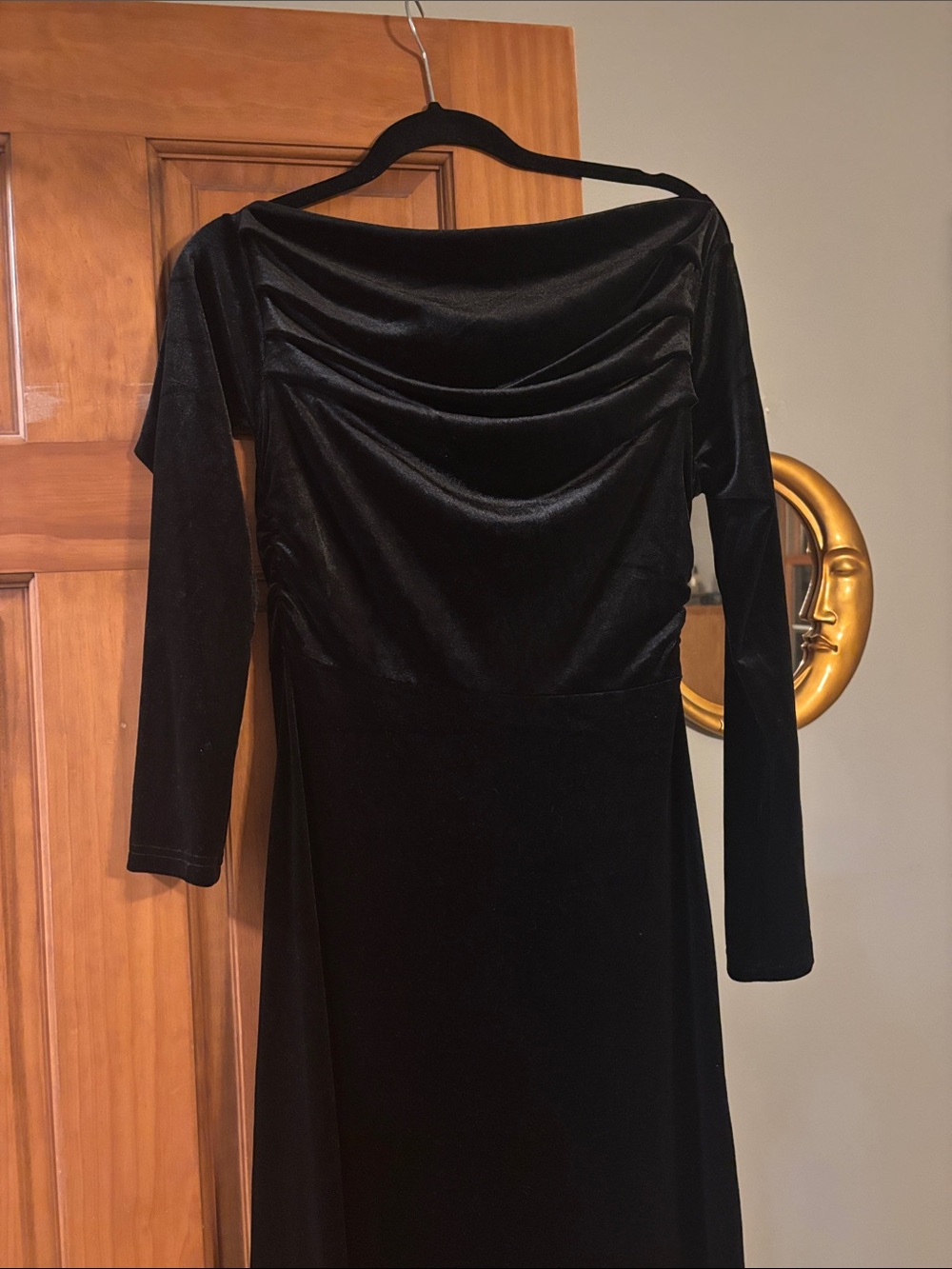 SHEIN Black Velvet Long Sleeve Cowl Neck Dress